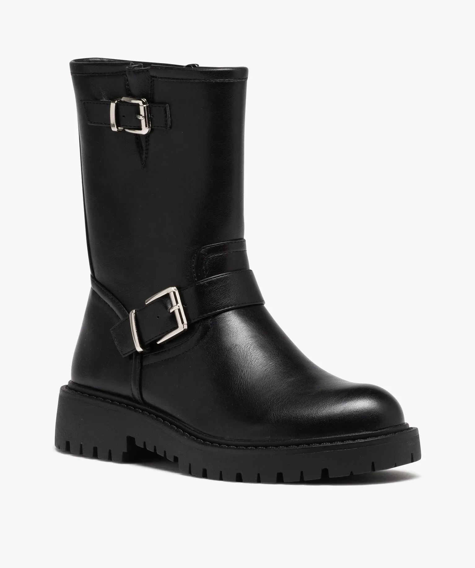 Boots femme unies avec brides à boucle et semelle crantée noir