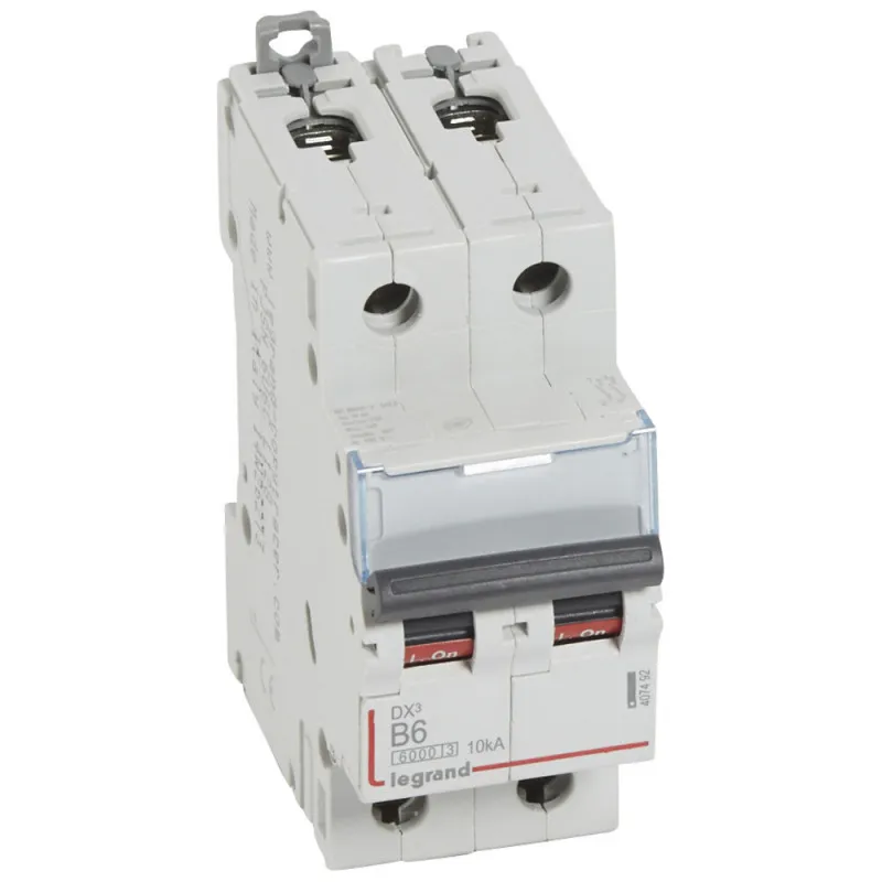 Disjoncteur DX6000 10kA arrivée haute et départ bas à vis 2P 230V~ à 400V~ 6A courbe B 2 modules (407492)