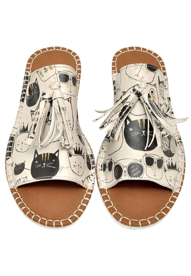 Femme Cuir Vegan Beige Sandales - Monochrome Cats Motif