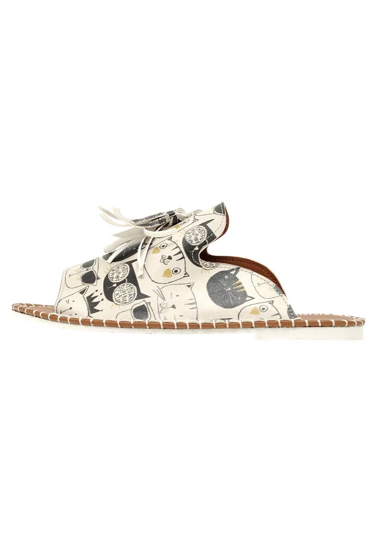 Femme Cuir Vegan Beige Sandales - Monochrome Cats Motif