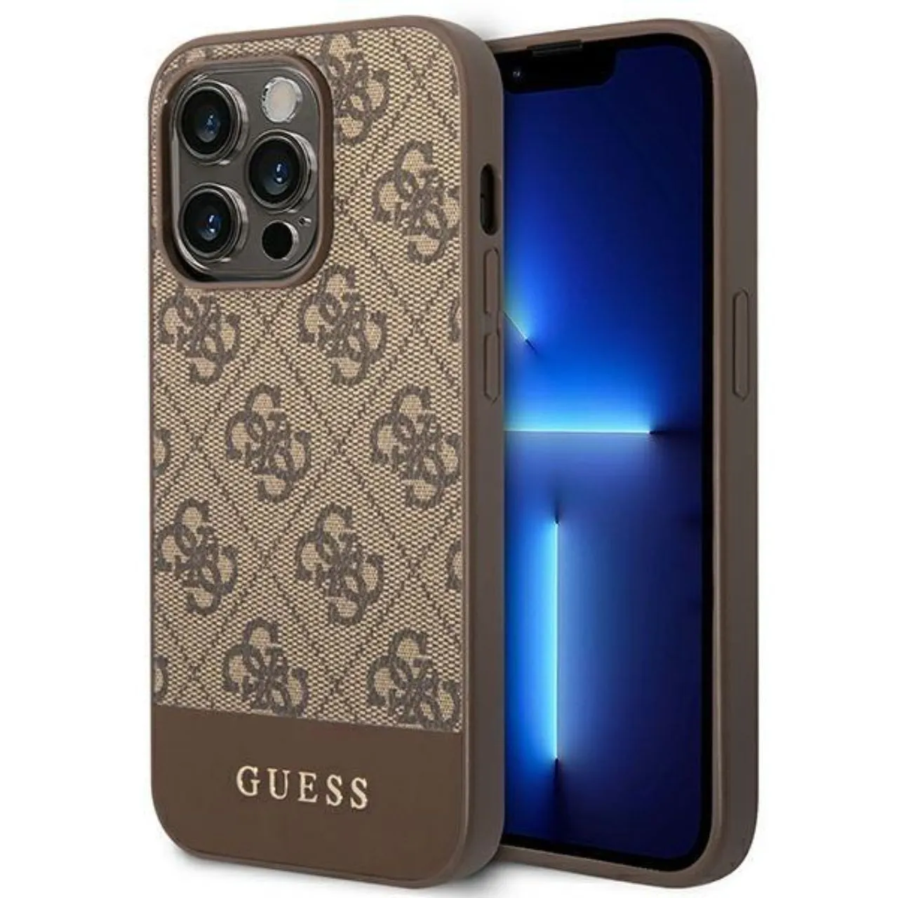 Guess Coque 4G Stripe Logo iPhone 14 Pro Marron
