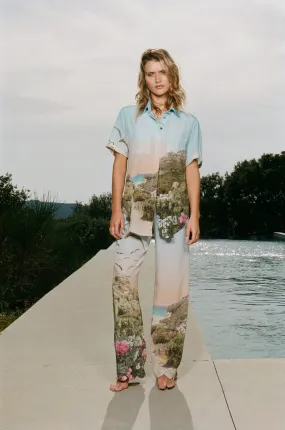 KEA - Pantalon ample taille haute bas pétale crêpe de soie imprimé Grand Corsica
