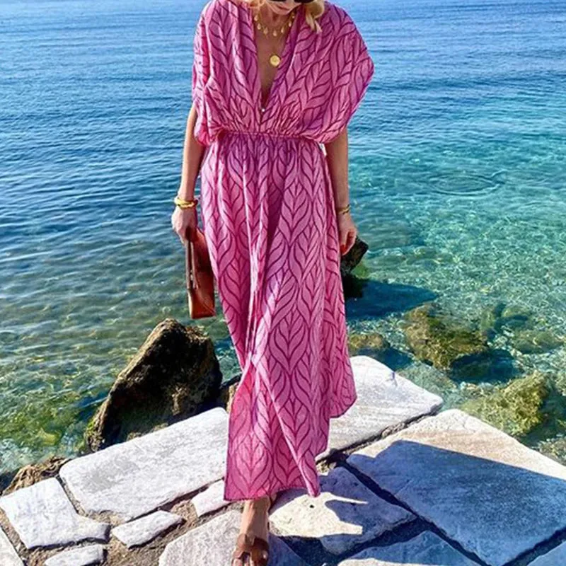 Robe longue bohème rose en coton