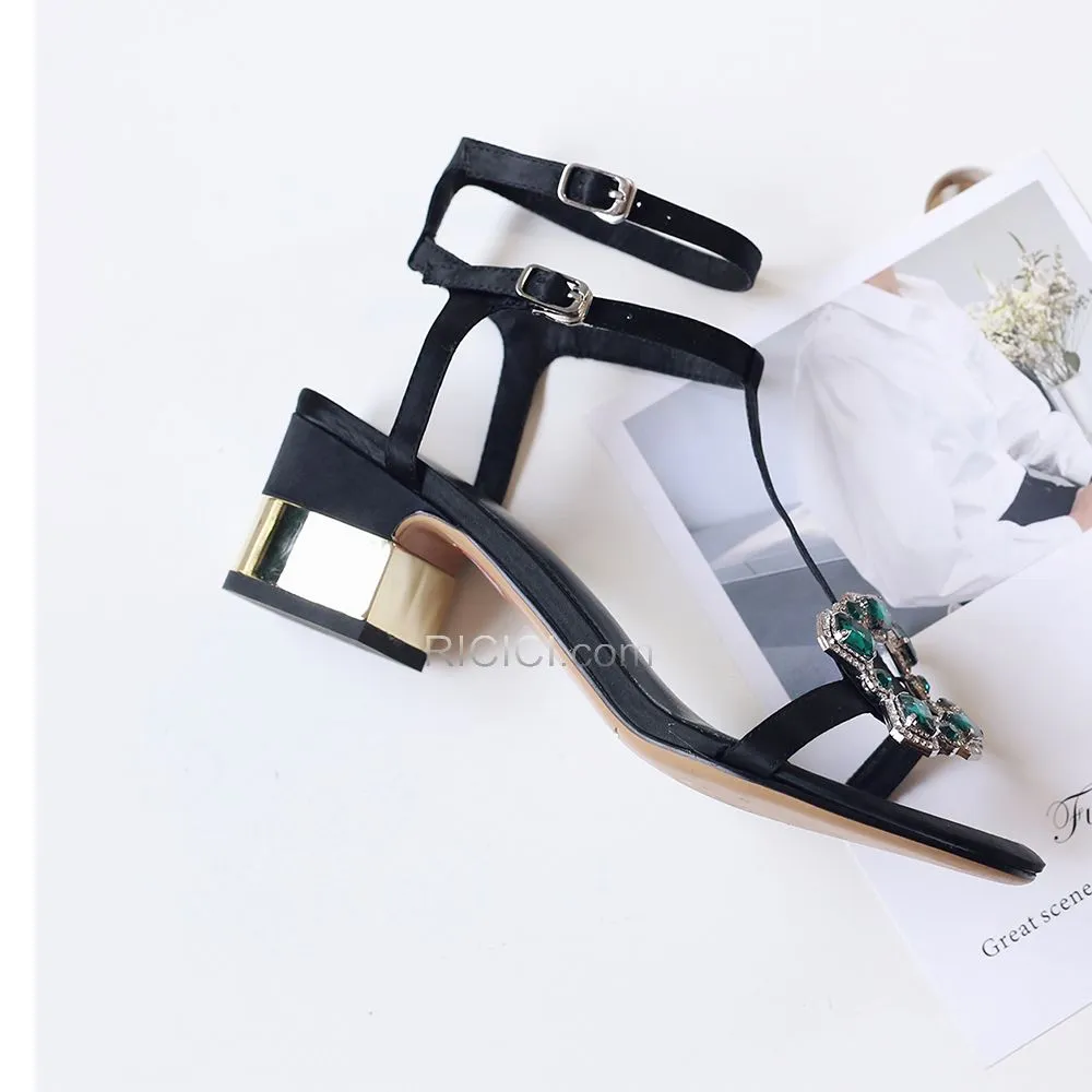 Sandales Bride Cheville Noir Talons Carrés Petit Talon