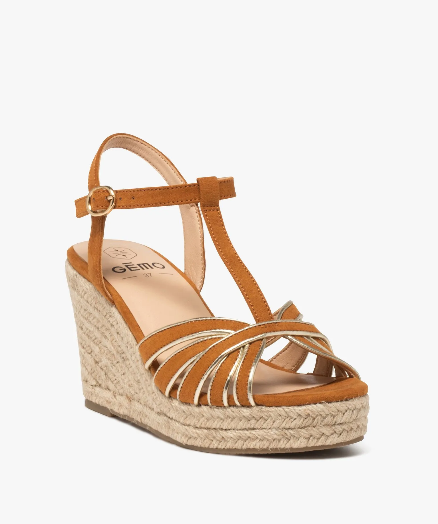 Sandales femme à talon compensé en corde avec brides fantaisie camel