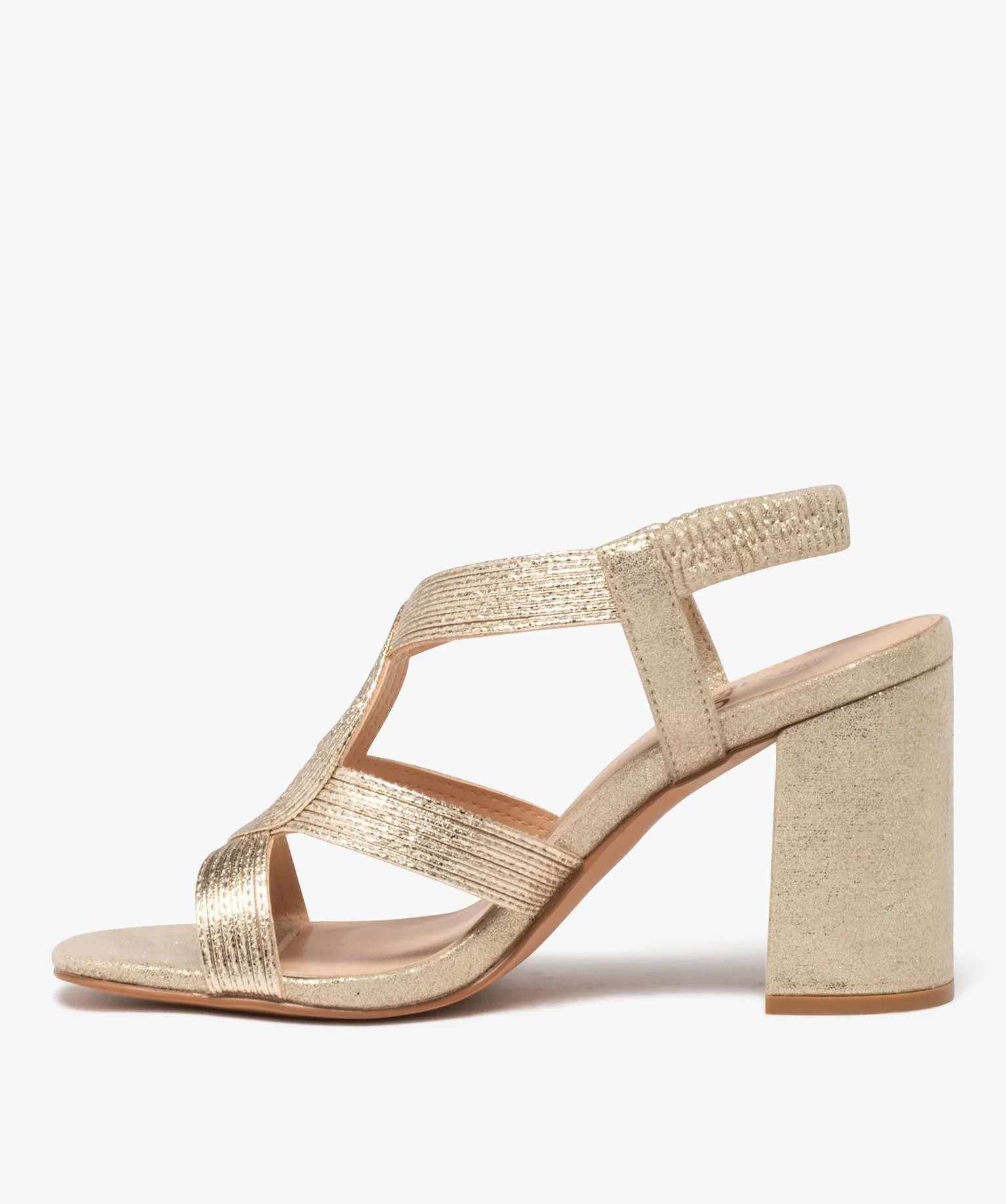 Sandales femme à talon haut à paillettes et brides entrelacées or