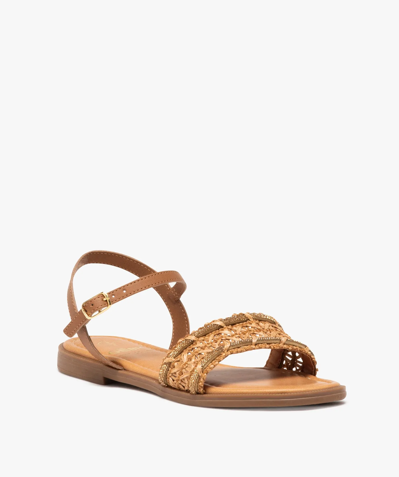Sandales femme à talon plat avec bride tissée à liseré strass camel