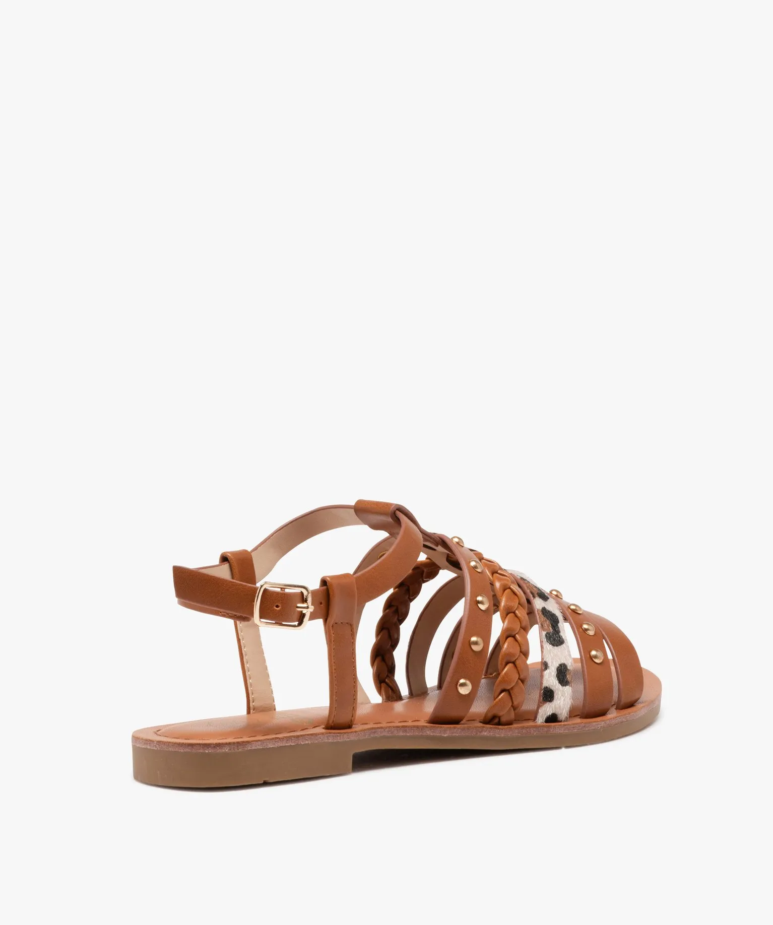Sandales femme à talon plat avec brides fantaisie casual camel