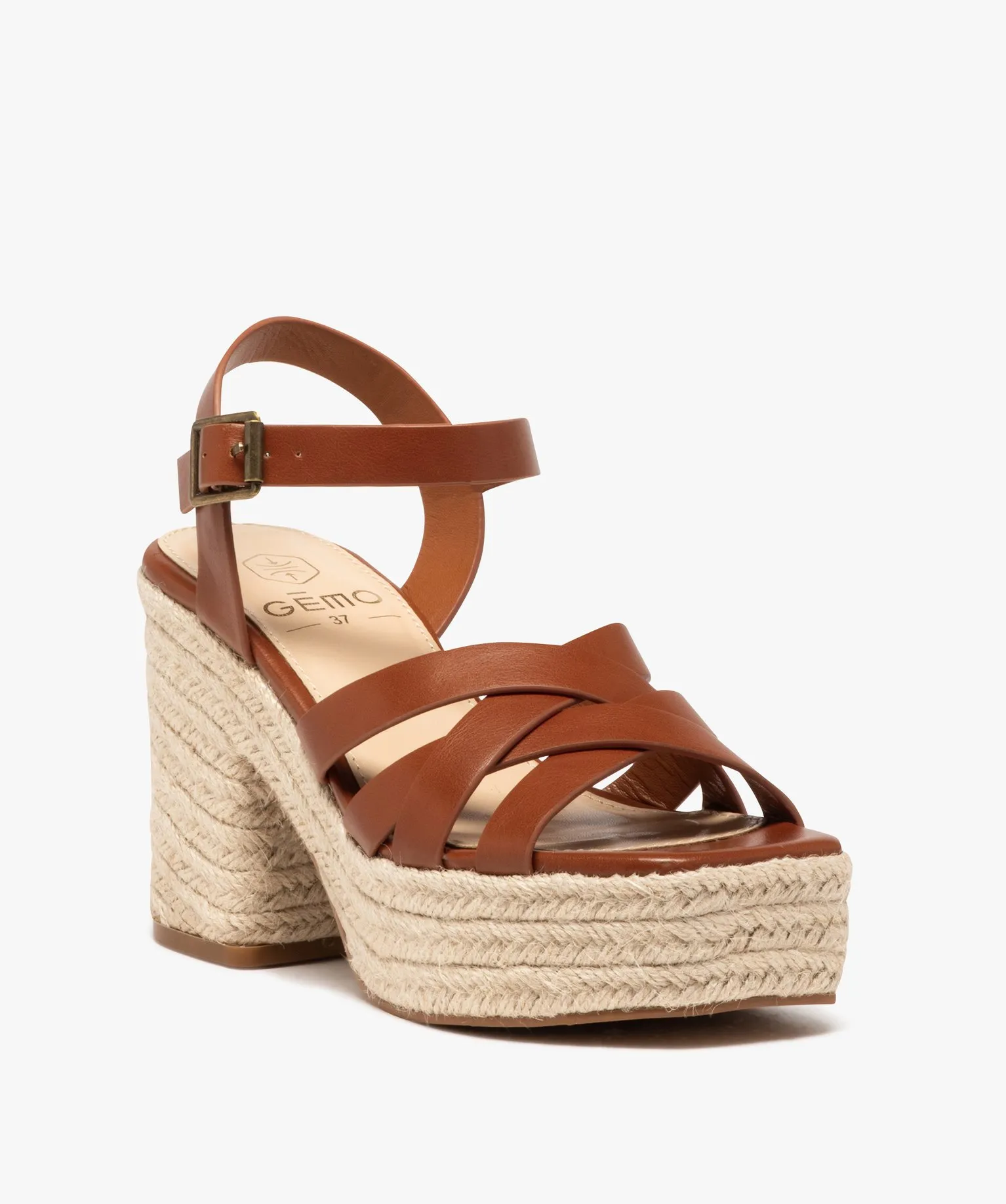Sandales femme à talon plateforme en corde avec brides unies camel