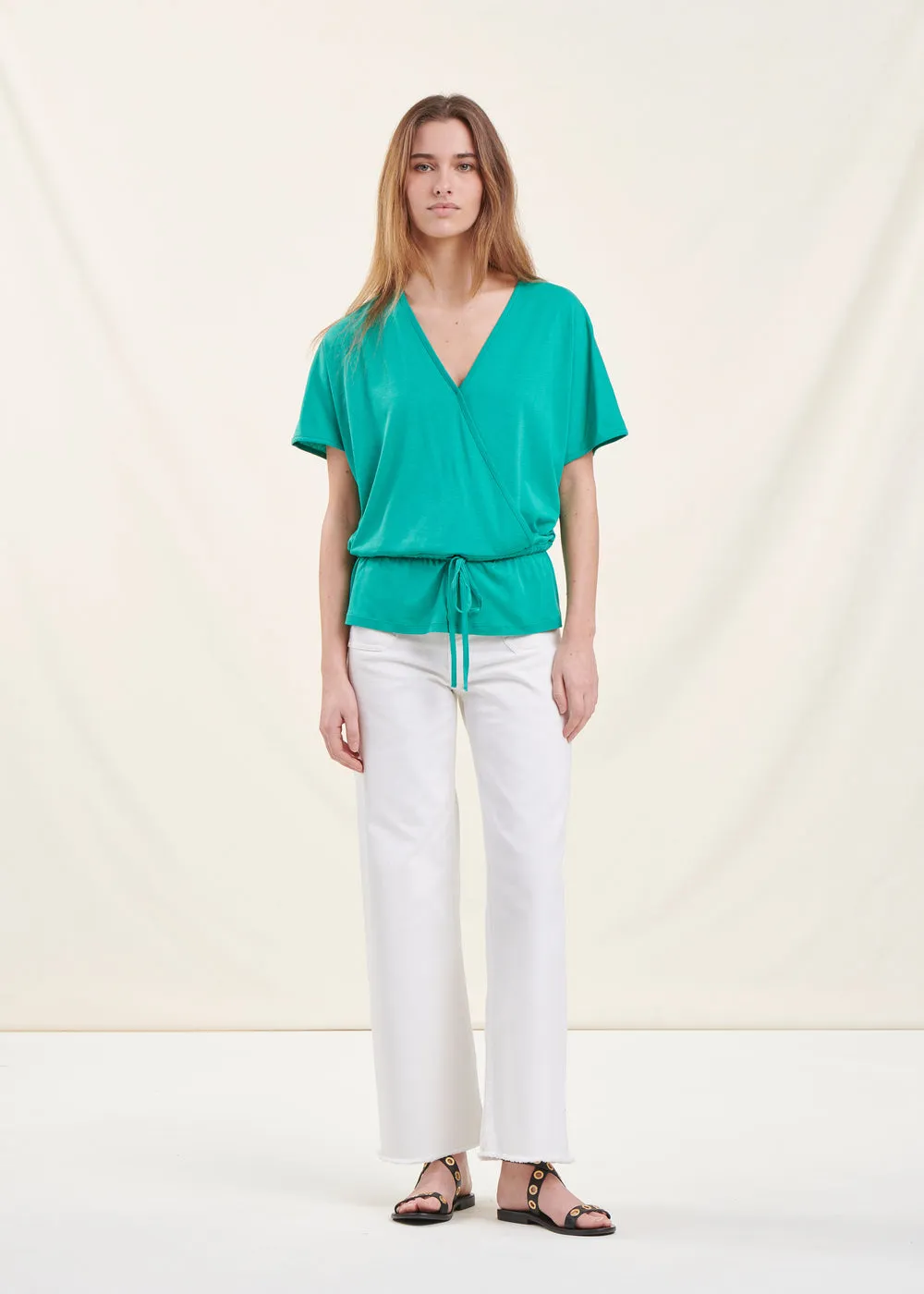 T-shirt blousant vert menthe en lyocell manches courtes