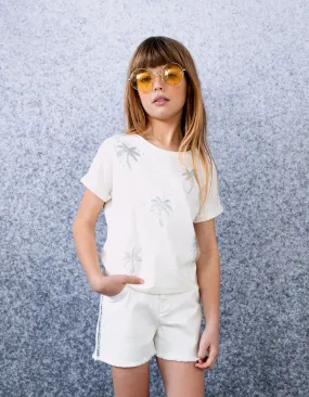 T-shirt écru palmiers brodés sequins fille