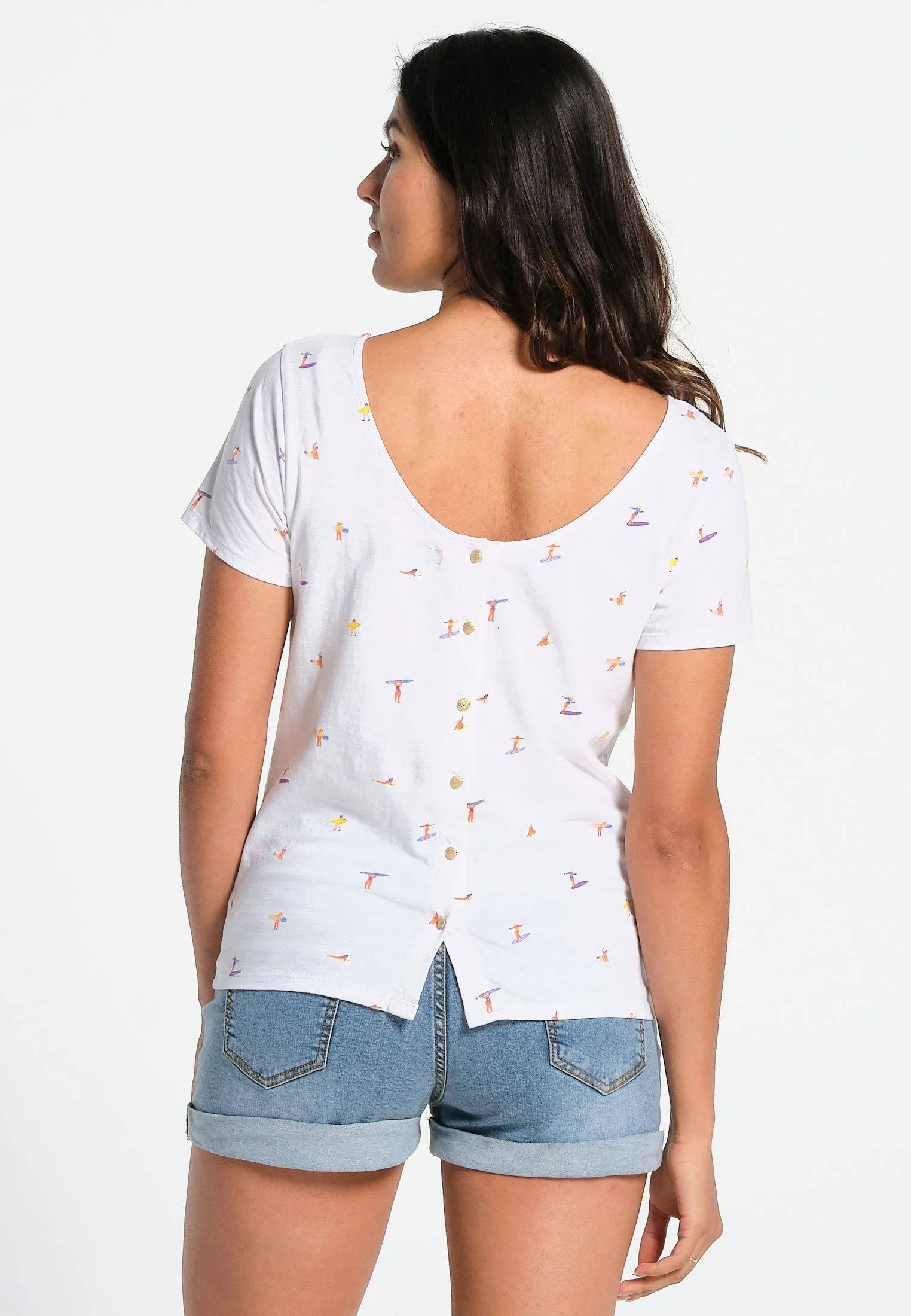 T-Shirt femme réversible blanc, col rond/col V