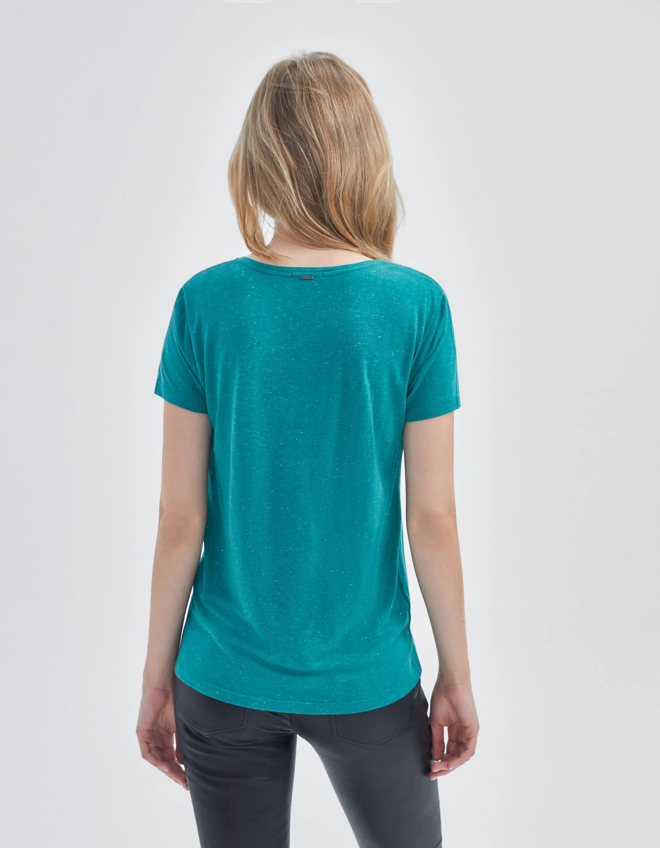 Tee-shirt turquoise pailleté à message floqué Femme