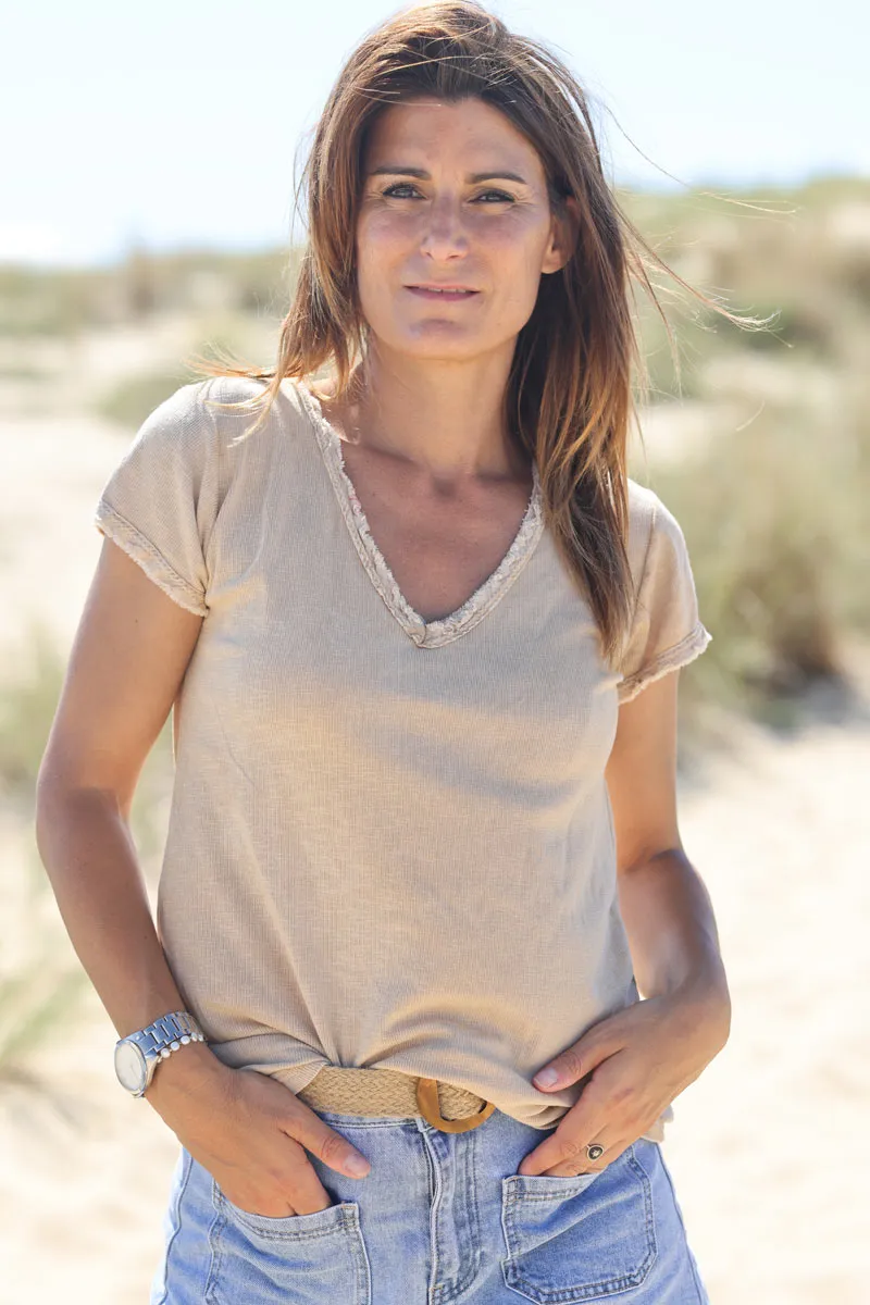 Tshirt coton stretch camel délavé finitions petites franges